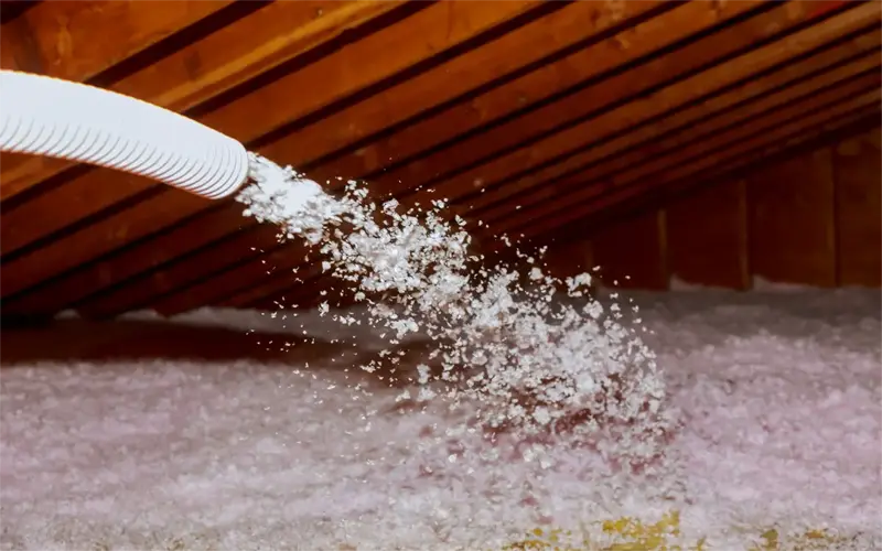 Blown fiberglass attic insulation being installed in residential attic space